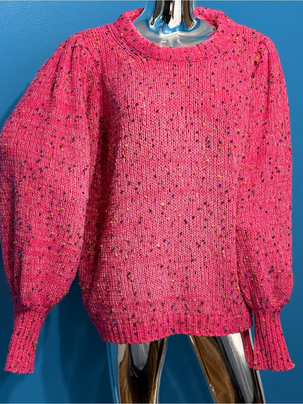 JODIFL Women's Pink Speckled Knit Sweater - Casual Crewneck with puffy sleeves L